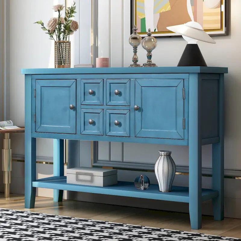 Retro Sideboard Console Table with Drawers and Bottom Shelf
