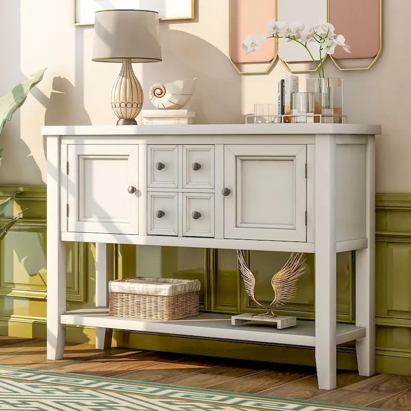 Retro Sideboard Console Table with Drawers and Bottom Shelf