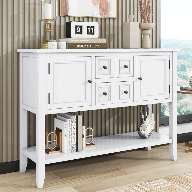 Retro Sideboard Console Table with Drawers and Bottom Shelf