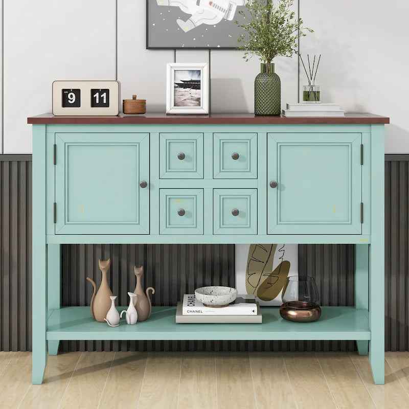 Retro Sideboard Console Table with Drawers and Bottom Shelf