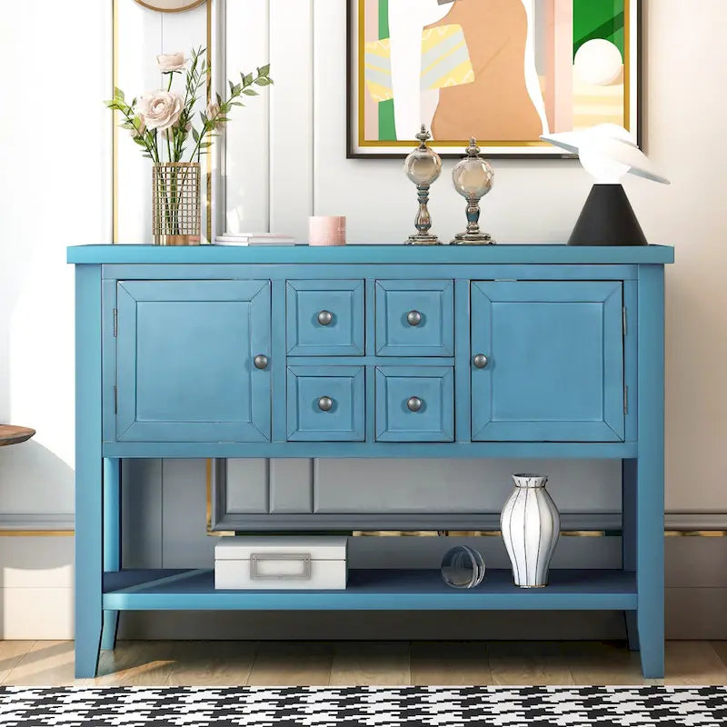 Retro Sideboard Console Table with Drawers and Bottom Shelf