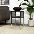 Metal Geometric Open Grid Frame 1-Shelf Accent Table or Coffee Table with Gold Legs, Black