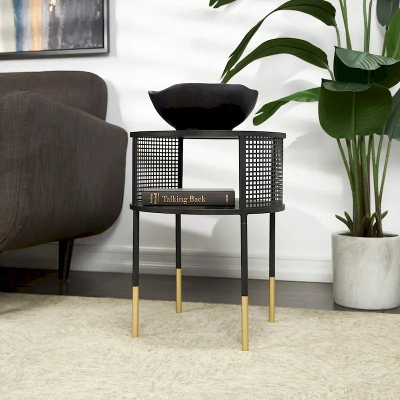 Metal Geometric Open Grid Frame 1-Shelf Accent Table or Coffee Table with Gold Legs, Black