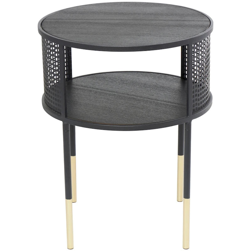 Metal Geometric Open Grid Frame 1-Shelf Accent Table or Coffee Table with Gold Legs, Black