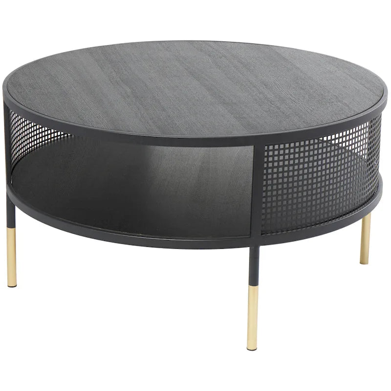 Metal Geometric Open Grid Frame 1-Shelf Accent Table or Coffee Table with Gold Legs, Black
