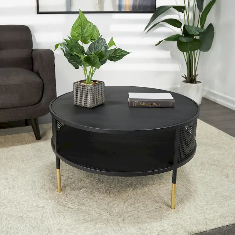 Metal Geometric Open Grid Frame 1-Shelf Accent Table or Coffee Table with Gold Legs, Black