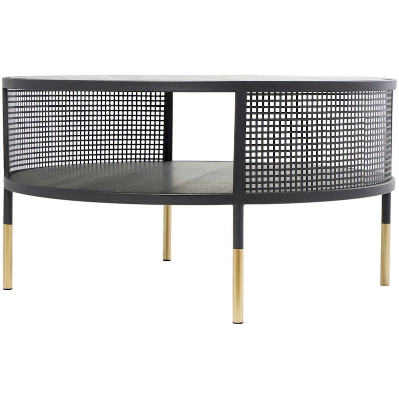 Metal Geometric Open Grid Frame 1-Shelf Accent Table or Coffee Table with Gold Legs, Black
