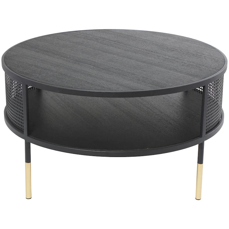 Metal Geometric Open Grid Frame 1-Shelf Accent Table or Coffee Table with Gold Legs, Black