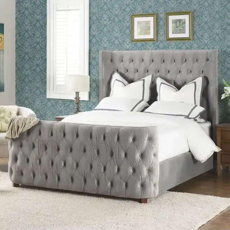 Velvet Upholstered Tufted Sheltered Panel Bed Set