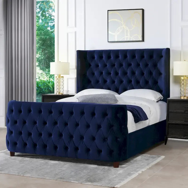 Velvet Upholstered Tufted Sheltered Panel Bed Set