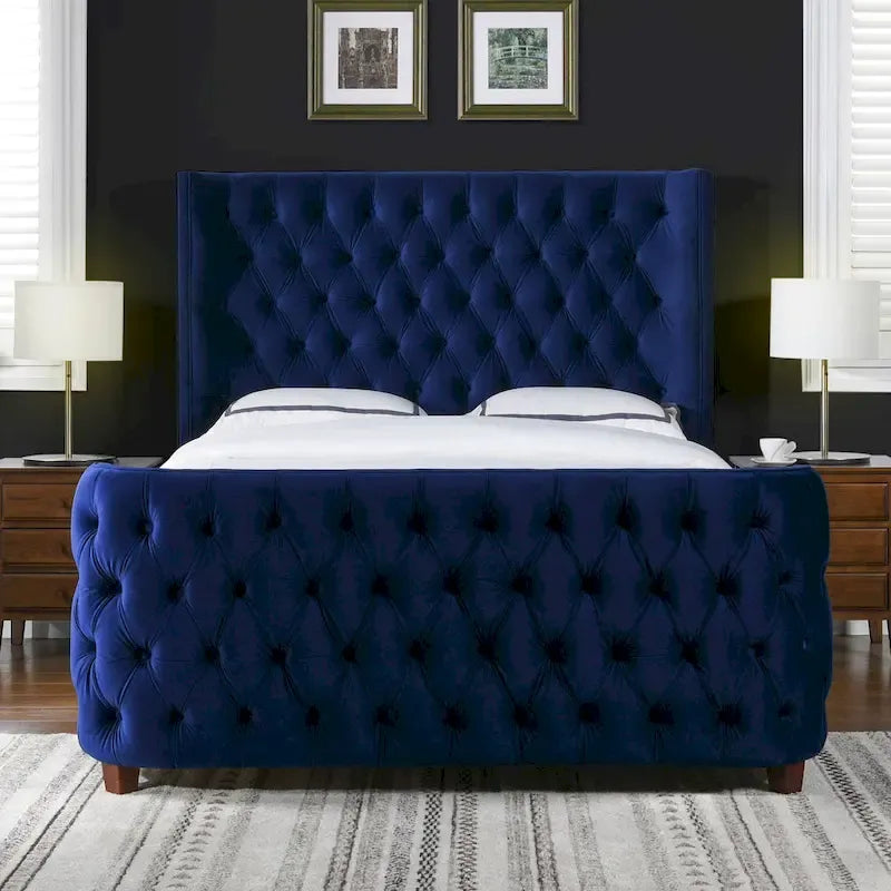 Velvet Upholstered Tufted Sheltered Panel Bed Set