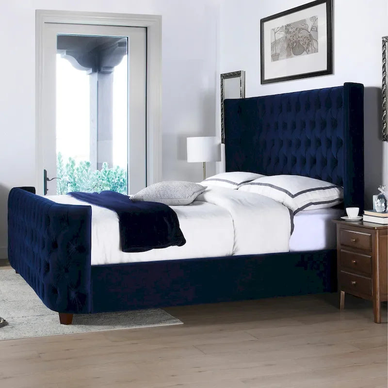 Velvet Upholstered Tufted Sheltered Panel Bed Set