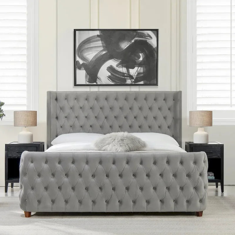 Velvet Upholstered Tufted Sheltered Panel Bed Set
