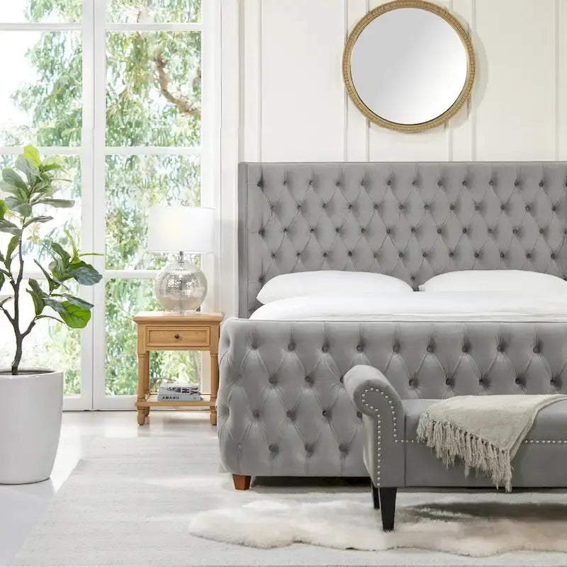 Velvet Upholstered Tufted Sheltered Panel Bed Set