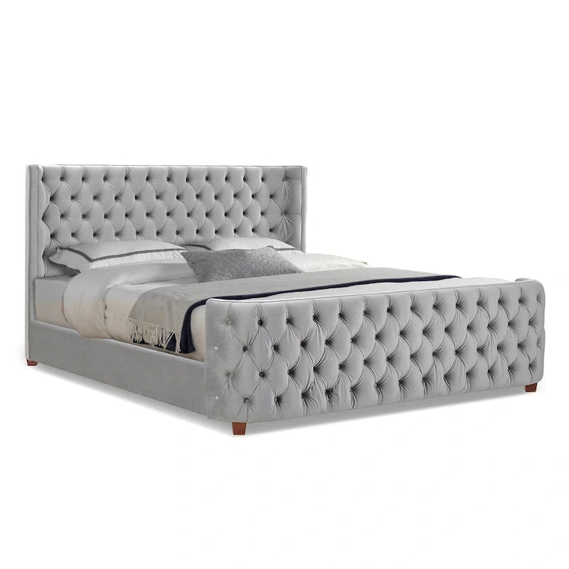 Velvet Upholstered Tufted Sheltered Panel Bed Set