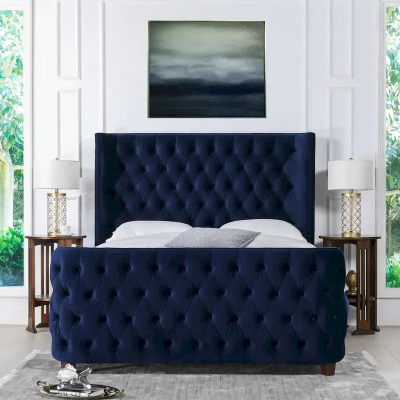 Velvet Upholstered Tufted Sheltered Panel Bed Set