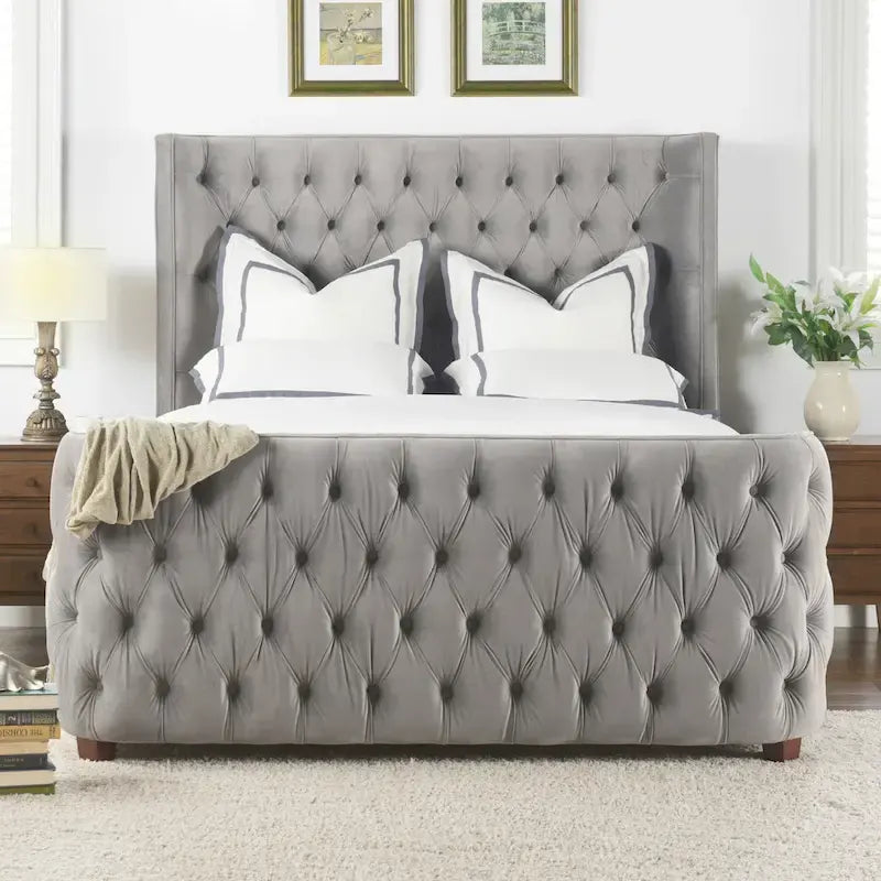 Velvet Upholstered Tufted Sheltered Panel Bed Set