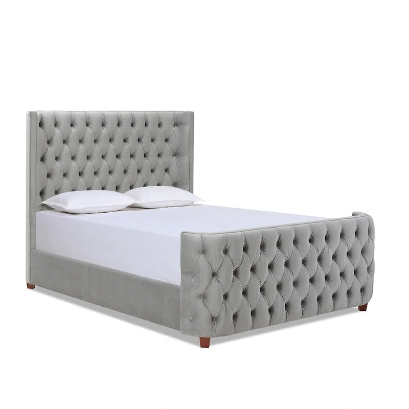 Velvet Upholstered Tufted Sheltered Panel Bed Set