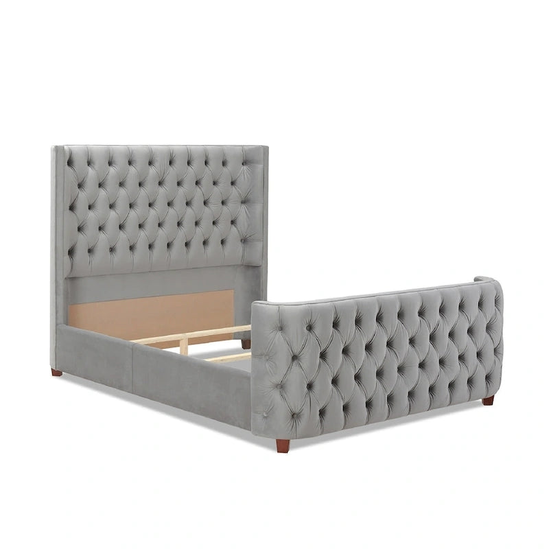 Velvet Upholstered Tufted Sheltered Panel Bed Set