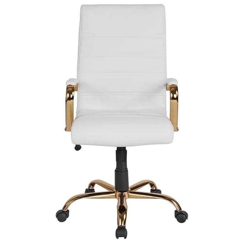 High Back White Leather Executive Swivel Office Chair with Gold Frame