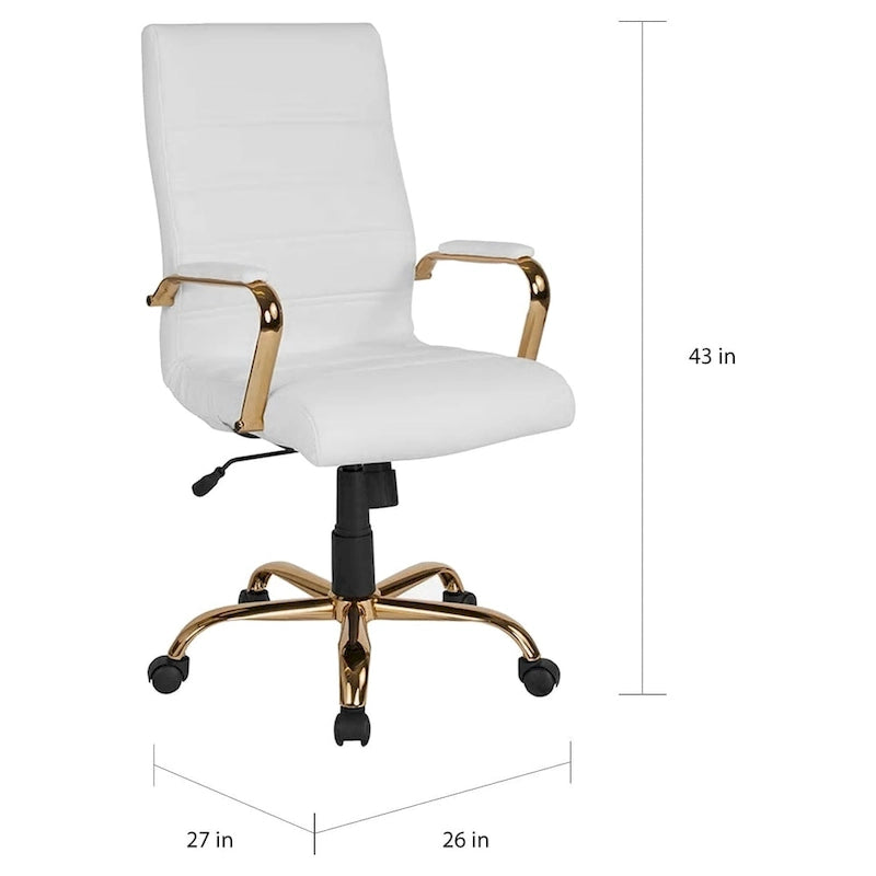 High Back White Leather Executive Swivel Office Chair with Gold Frame