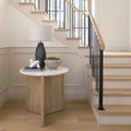 White Marble w/ Fluted Light Brown Solid Wood Round Accent Table