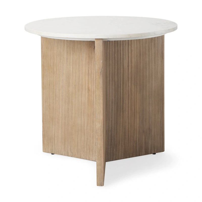 White Marble w/ Fluted Light Brown Solid Wood Round Accent Table