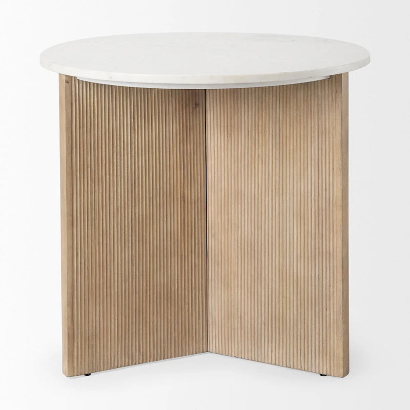 White Marble w/ Fluted Light Brown Solid Wood Round Accent Table