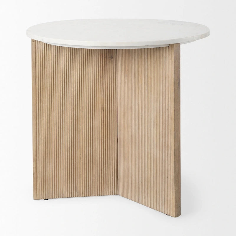 White Marble w/ Fluted Light Brown Solid Wood Round Accent Table