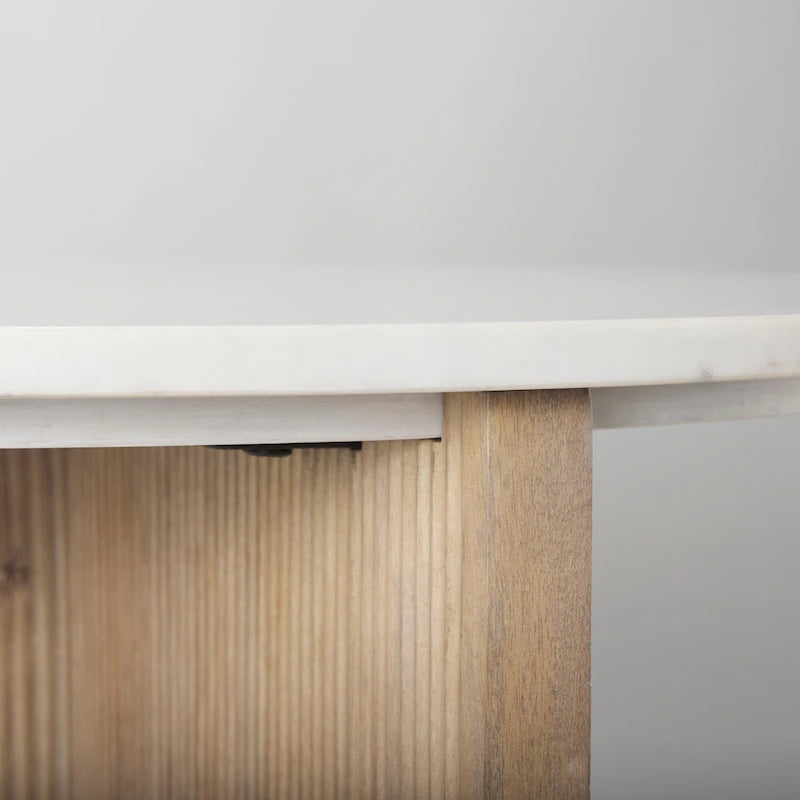 White Marble w/ Fluted Light Brown Solid Wood Round Accent Table