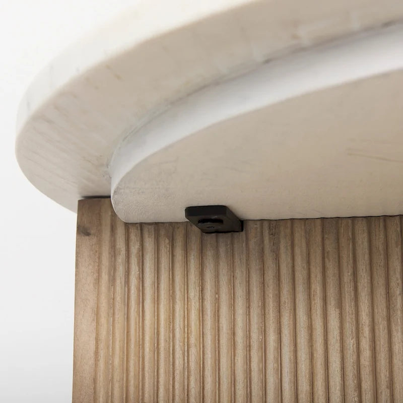 White Marble w/ Fluted Light Brown Solid Wood Round Accent Table