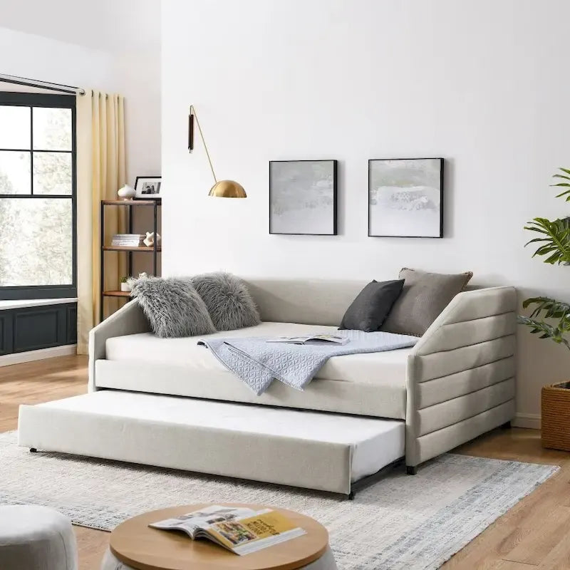 Full Size Daybed with Trundle, Upholstered Tufted Sofa Bed in Linen Fabric