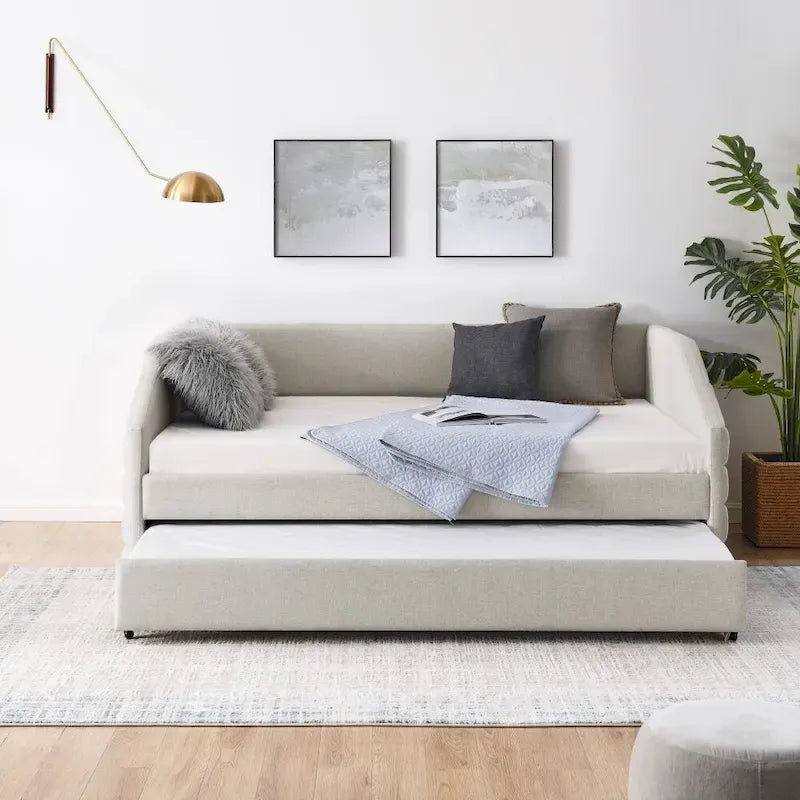 Full Size Daybed with Trundle Upholstered Tufted Sofa Bed, Linen Fabric