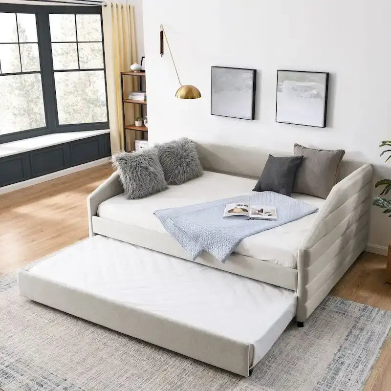 Full Size Daybed with Trundle, Upholstered Tufted Sofa Bed in Linen Fabric