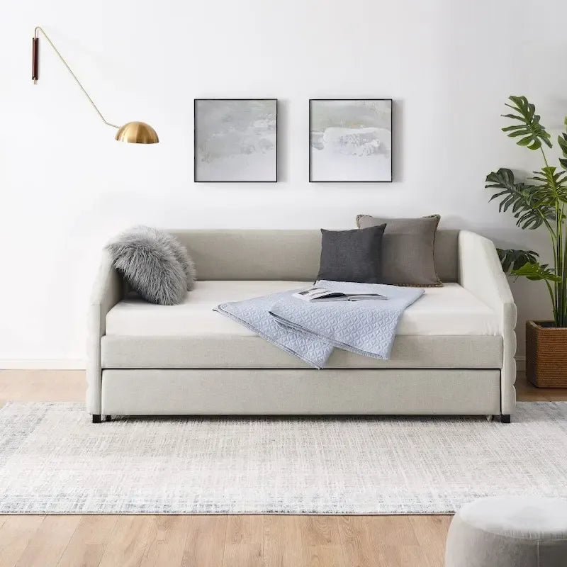 Full Size Daybed with Trundle, Upholstered Tufted Sofa Bed in Linen Fabric