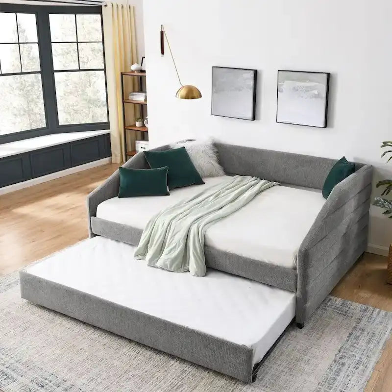 Full Size Daybed with Trundle, Upholstered Tufted Sofa Bed in Linen Fabric