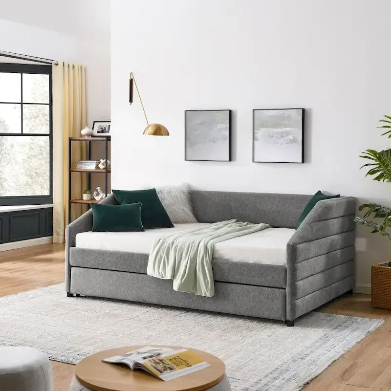 Full Size Daybed with Trundle, Upholstered Tufted Sofa Bed in Linen Fabric