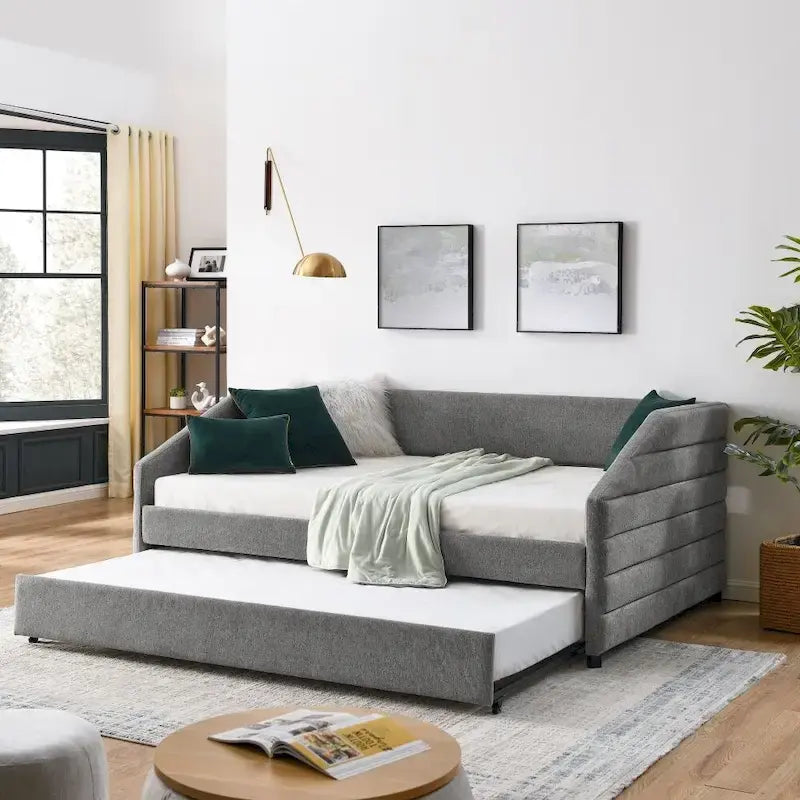 Full Size Daybed with Trundle, Upholstered Tufted Sofa Bed in Linen Fabric