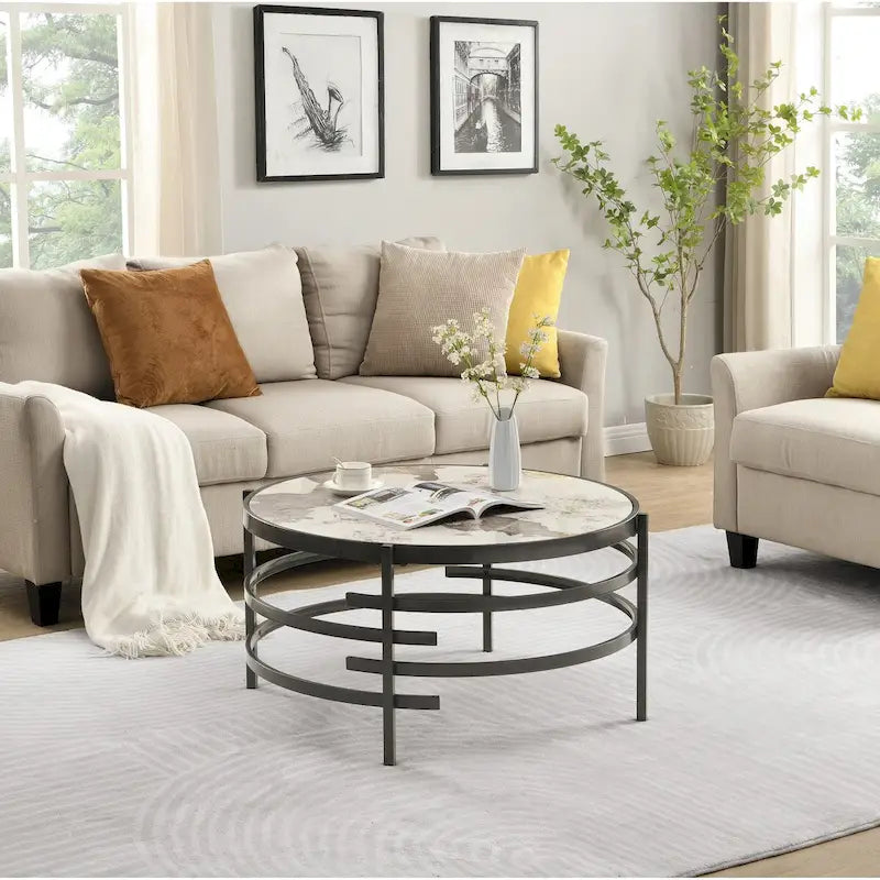 32.48" Round Coffee Table with Sintered Stone Top & Sturdy Metal Frame