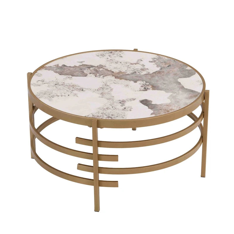 32.48" Round Coffee Table with Sintered Stone Top & Sturdy Metal Frame