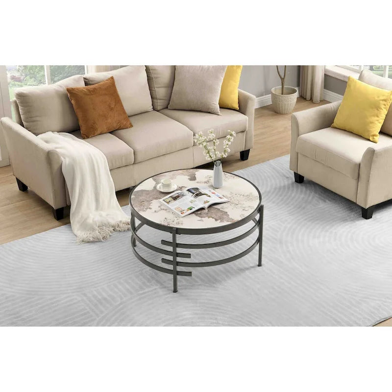 32.48" Round Coffee Table with Sintered Stone Top & Sturdy Metal Frame