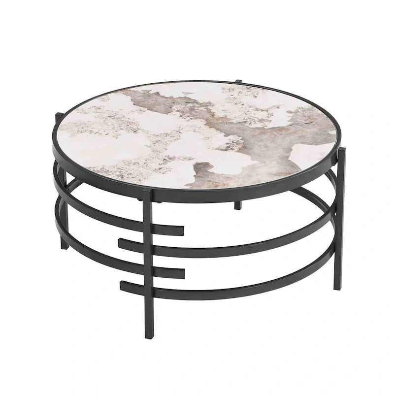 32.48" Round Coffee Table with Sintered Stone Top & Sturdy Metal Frame