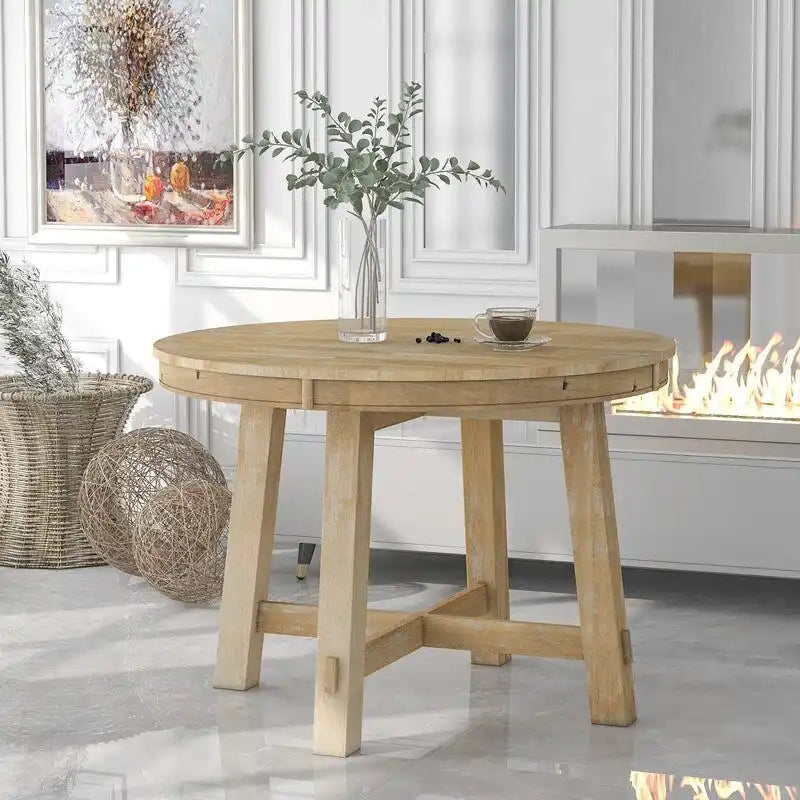 Round Extendable Dining Table with X-Base and Leaf Insert