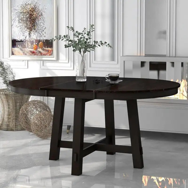 Round Extendable Dining Table with X-Base and Leaf Insert