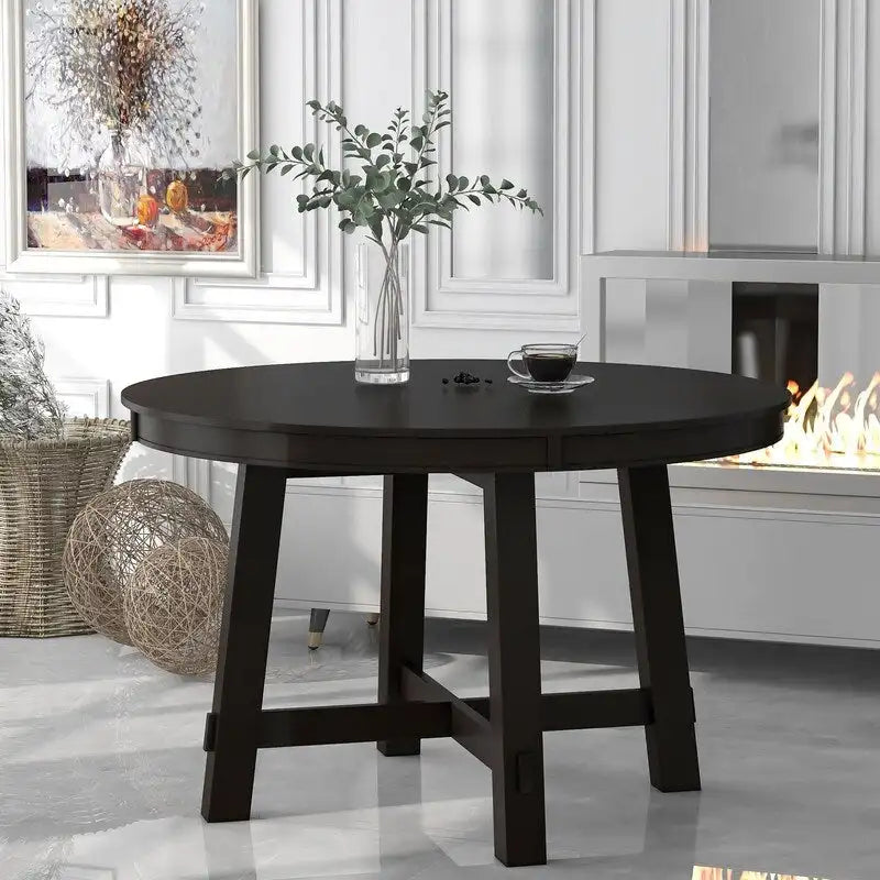 Round Extendable Dining Table with X-Base and Leaf Insert