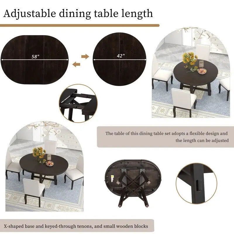 Round Extendable Dining Table with X-Base and Leaf Insert
