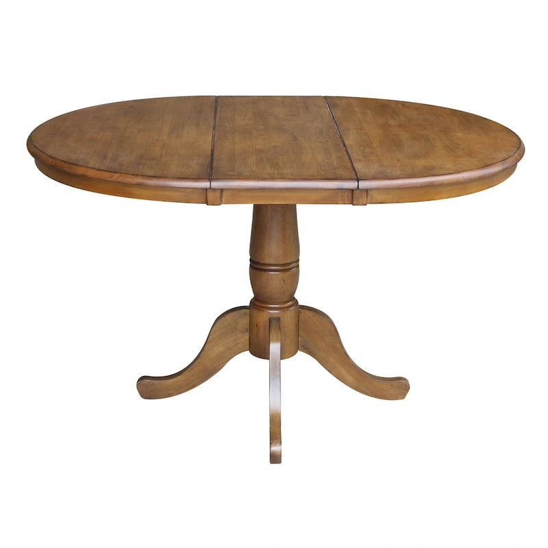 36" Round Pedestal Dining Table with 12" Leaf in Pecan