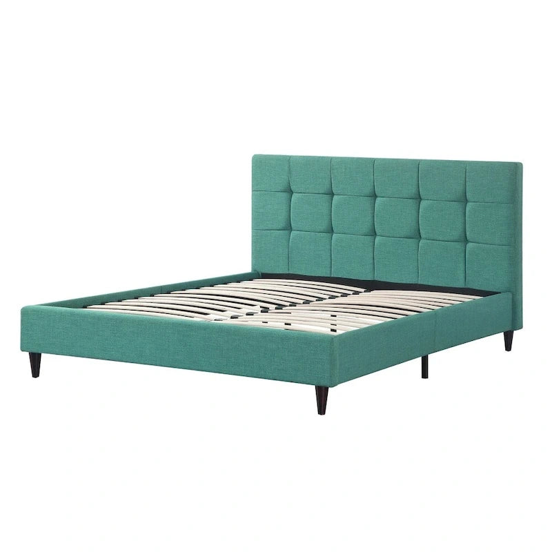 Upholstered Square Stitched Platform Bed with Wooden Slats