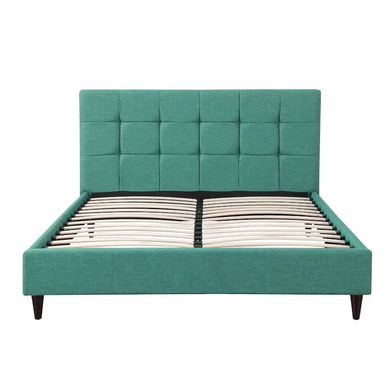 Upholstered Square Stitched Platform Bed with Wooden Slats