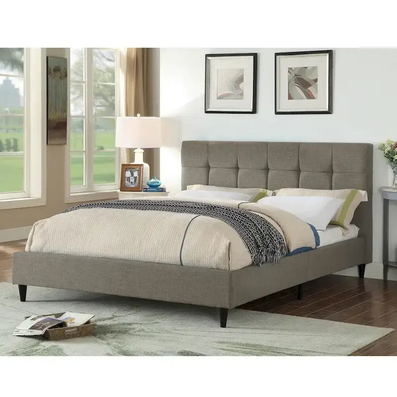 Upholstered Square Stitched Platform Bed with Wooden Slats